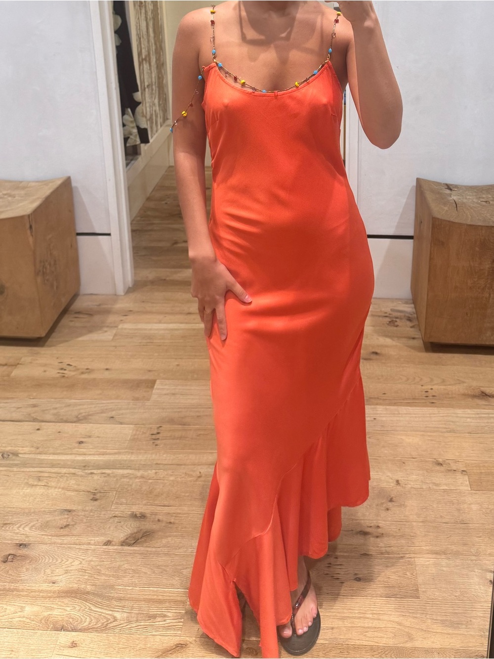 Amanda Uprichard Orange Beaded-Strap Maxi Slip Dress